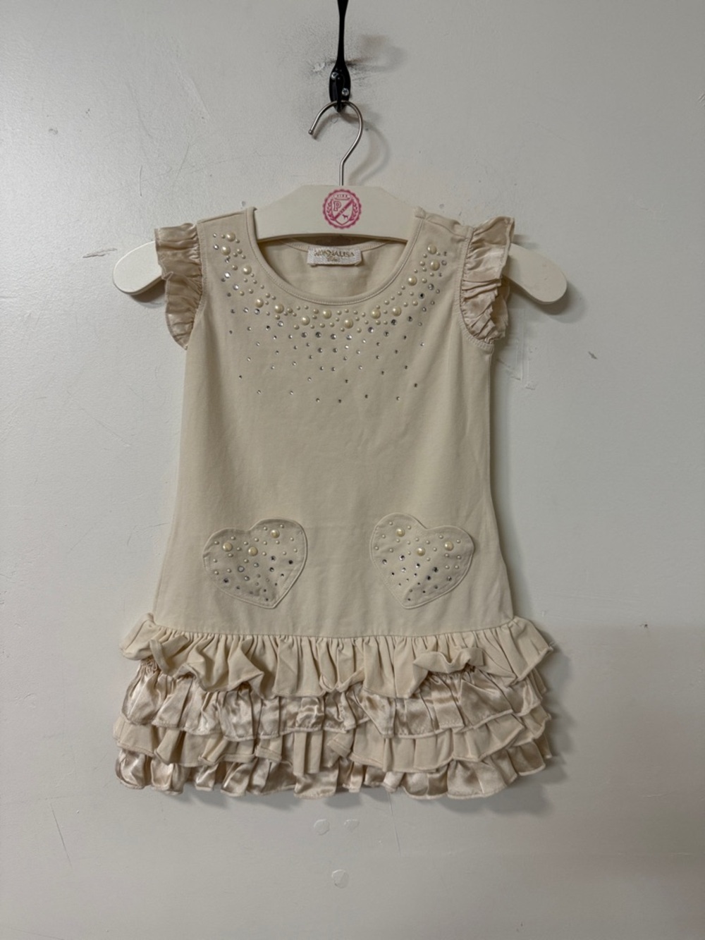 MonnaLisa Cream Ruffle Dress with Heart Pockets